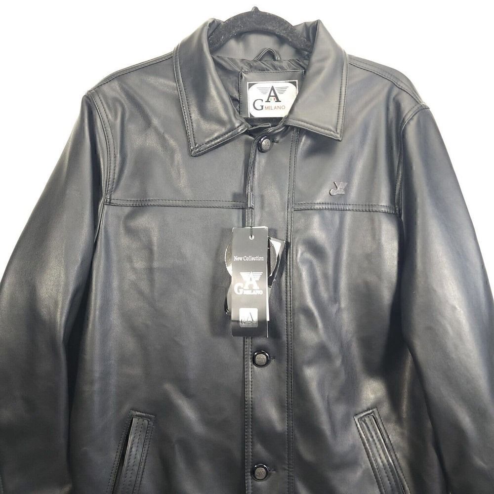 G.A Milano Italy Men's Medium FauxLeather Button Up Black Trench Blazer Jacket - Picture 2 of 12